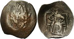 Michel VIII Paléologue (1261-1282), AE trachy, Constantinople. Classe XVI. Droit : B. de la Vierge orante de face. Revers : L'empereur assis de face sur un trône à dossier, tenant son épée sur les gen