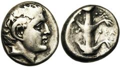 CYRENAIQUE, CYRENE, AR didrachme, vers 300 av. J.-C. Droit : Tête de Carneios à droite. Revers : KY-PA Plant de silphium. A droite, étoile. Ref.: SNG Cop. 1236; BMC 234. 7,66g.