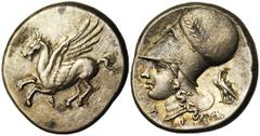 CORINTHE, AR statère, 386-307 av. J.-C. Droit : Pégase en vol à gauche. Dessous, [..]. Revers : Tête casquée d'Athéna à gauche, le casque lauré. Derrière, aigle à gauche, tête à droite. Sous le menton