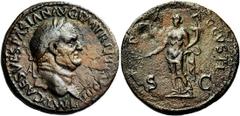 VESPASIEN (69-79), AE sesterce, 71, Rome. Droit : IMP CAES VESPASIAN AVG P M TR P P P COS III Tête l. à droite. Revers : PAX - AVGVSTI/ S-C Pax debout à gauche, tenant un rameau et une corne d'abondan