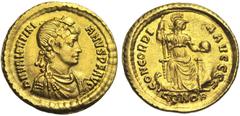 VALENTINIEN II (375-392), AV solidus, 378-383, Constantinople. D/ DN VALENTINI-ANVS PF AVG B. diad., dr., cuir. à d. R/ CONCOR-DIA AVGGGS/ CONOB Constantinopolis assise de f., t. à d., le pied d. posé
