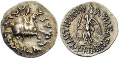 GREEK WORLD ROYAUME DE BACTRIANE, Antimaque II Nicéphore (160-155), AR drachme, Taxila. D/ BAΣΙΛΕΩΣ NIKHΦOPOY ANTIMAXOY Niké deb. à g., ten. une couronne et une palme. A g., . R/ Cavalier armé au gal