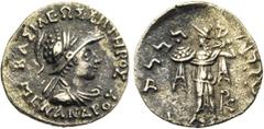 GREEK WORLD ROYAUME DE BACTRIANE, Ménandre Sôter (160-145), AR drachme. D/ B. casqué, dr. à d. R/ Athéna deb. à g., ten. un bouclier et brandissant le foudre. A d., . Mitch., Indo-Greek, 218b; Bopear