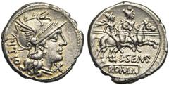 ROMAN REPUBLIC L. Sempronius Pitio, AR denier, 148 av. J.-C., Rome. D/ PITIO T. casquée de Roma à d. Sous le menton, . R/ L·SEMP/ ROMA Les Dioscures galopant à d. Cr. 216/1; Syd. 402. 3,92g Légèremen