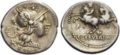 ROMAN REPUBLIC C. Servilius, AR denier, 136 av. J.-C., Rome. D/ T. casquée de Roma à d. A g., couronne et . A l''ex., ROMA. R/ C·SERVEILI·M·F Les Dioscures à cheval, galopant en sens inverse, ten. ch