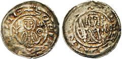 Medieval Coins ALLEMAGNE, HESSE, Landgraviat, Sophia von Brabant et Heinrich Raspe (1247-1263), AR Pfennig, Grünberg. Droit : B. de Sophia de face. Revers : B. de Heinrich Raspe de face, tenant un gla