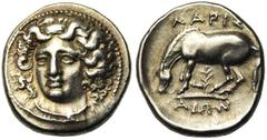Greek Coins THESSALIE, LARISSA, AR drachme, vers 350 av. J.-C. Droit : Tête de la nymphe Larissa de face, légèrement tournée vers la gauche, les cheveux retenus par un bandeau. Revers : ΛΑΡΙΣ/ΑΙΩΝ Che