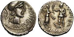Roman Coins Cn. Pompeius Magnus et M. Poblicius , AR denier, 46-45 av. J.-C. Espagne. Droit : M· POBLICI· LEG· PRO Tête casquée de Roma à droite. Derrière, PR. Revers : CN· MAGNVS· IMP Figure fém. deb