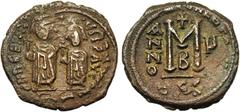 Byzantine Coins Héraclius (610-641), AE follis, an 5, 614-615, Thessalonique. Off. B. Droit : Héraclius et Héraclius Constantin debout de face. Revers : Grand [..] entre A/N/N/O et [..] (rétrograde), 