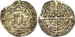 Medieval Coins GRANDE-BRETAGNE, Henri VI, 1er règne (1422-1461), AR groat, 1438-1443, Calais. Trefoil issue. Droit : B. cour. de face dans un polylobe, entre deux trèfles. Revers : VIL-LA[..]- CALI-SI
