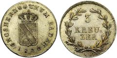 World Coins ALLEMAGNE, BADE, Ludwig Ier (1818-1830), Billon 3 Kreuzer, 1820, 2e type. Ref.: J., 28; A.K.S., 62. Rare. Superbe à Fleur de Coin EF - Unc.