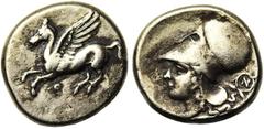 Greek CORINTHE, AR statère, 386-307 av. J.-C. Droit : Pégase en vol à gauche. Dessous, [..]. Revers : Tête casquée d'Athéna à gauche. Derrière, N dans une couronne formée de deux épis de blé. Ref.: Ra