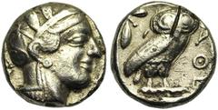 Greek ATTIQUE, ATHENES, AR tétradrachme fourré, vers 405 av. J.-C. Droit : Tête casquée d'Athéna à droite, le casque orné d'un fleuron et de feuilles d'olivier. Revers : Chouette à droite, tête de fac