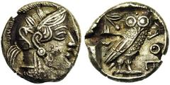 Greek ATTIQUE, ATHENES, AR drachme fourrée, vers 405 av. J.-C. Droit : Tête casquée d'Athéna à droite, le casque orné d'un fleuron et de feuilles d'olivier. Revers : Chouette à droite, tête de face. A