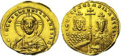Byzantine Nicéphore II Phocas et Basile II (963-969), AV histamenon, Constantinople. Droit : B. nimbé du Christ de face, bénissant et tenant les Evangiles. Revers : B. de Nicéphore et Basile de face, 