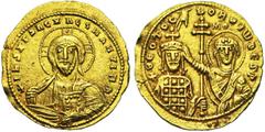 Byzantine Jean Ier Tzimisces (969-976), AV histamenon, Constantinople. Droit : B. du Christ nimbé de face, bénissant et tenant les Evangiles. Revers : B. de face de l'empereur, tenant une croix patria