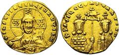 Byzantine Basile II le Bulgarochtone (976-1025), avec Constantin VIII , AV histamenon, 989-1001 (?), Constantinople. Droit : B. du Christ nimbé de face, bénissant et tenant les Evangiles. Une rosette 
