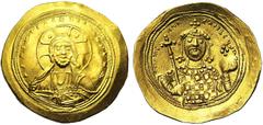 Byzantine Constantin IX Monomaque (1042-1055), AV histamenon, Constantinople. Droit : B. du Christ nimbé de face, bénissant et tenant les Evangiles. Deux croissants dans les angles supérieurs du nimbe