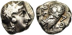 Greek ATTIQUE, ATHENES, AR tétradrachme, 259-229 av. J.-C. Droit : Tête casquée d'Athéna à droite, le casque orné d'un fleuron et de trois feuilles d'olivier. Revers : Chouette à droite, tête de face.