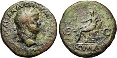 Roman NERON (54-68), AE sesterce, 65, Lyon. Droit : NERO CLAVD CAESAR AVG GER P M TR P IMP PP Tête l. à droite, un petit globe à la pointe du cou. Revers : S-C Roma assise à gauche sur une cuirasse, t