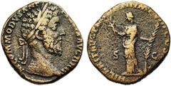Roman COMMODE Auguste (177-192), AE sesterce, 186-187, Rome. Droit : M COMMODVS ANT P FELIX AVG BRIT Tête l. à droite. Revers : HILARIT AVG P M TR P XII IMP VIII COS V P P/ S-C Hilaritas debout à gauc
