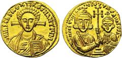Byzantine Justinien II, 2e règne (705-711), AV solidus, 705, Constantinople. Droit : B. du Christ jeune de face, bénissant et tenant les Evangiles, la croix derrière la tête. Revers : B. de Justinien 