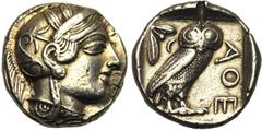 Greek and Celtic Coins ATTIQUE, ATHENES, AR tétradrachme, vers 400 av. J.-C. Droit : Tête casquée d'Athéna à droite, le casque orné d'un fleuron et de feuilles d'olivier. Revers : ΑΘΕ Chouette à droit