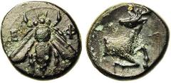 Greek and Celtic Coins IONIE, EPHESE, AE bronze, 305-288 av. J.-C. Droit : E-Φ Abeille. Revers : Protome de cerf à droite, tête à gauche. Ref.: BMC 67; coll. Nivaille 28. 1,75g. Patine brun foncé. Trè