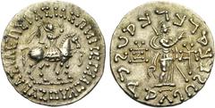 Ancient East ROYAUME INDO-SCYTHE, Azès (-57-5), AR tétradrachme, 20-1 av. J.-C. D/ Le roi chevauchant à d., ten. un fouet. Devant, . R/ Athéna deb. à d., ten. une lance transversale. Derrière, . Dev