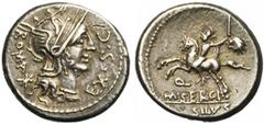 Roman Republic M. Sergius Silus, AR denier, 116-115 av. J.-C., Rome. D/ ROMA - EX·S·C T. casquée de Roma à d. Derrière, . R/ Q/ M·SERGI/ SILVS Cavalier à g., ten. un glaive et une tête coupée. Cr. 28