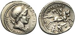 Roman Republic P. Fonteius Capito, AR denier, 55 av. J.-C., Rome. D/ P· FONTEIVS· P·F·- CAPITO· III·VIR B. casqué, dr. de Mars à d., un trophée sur l'épaule. R/ MV· FONT TR- MIL Cavalier au galop à d.