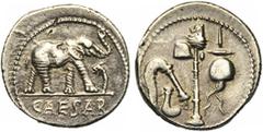 Roman Republic Jules César (†44), AR denier, 49-48 av. J.-C., Gaule. D/ CAESAR Eléphant à d. piétinant un dragon. R/ Emblèmes sacerdotaux: culullus, aspergillum, hache et apex. Cr. 443/1; Syd. 1006. 3