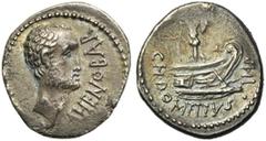 Roman Republic Cn. Domitius Ahenobarbus, AR denier, 41 av. J.-C., atelier itinérant. D/ T. masc. barbue à d. Devant, AHENOBAR. R/ CN· DOMITIVS· IMP Proue à d. sur laquelle est placé un trophée. Cr. 51