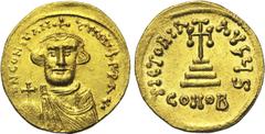 Collection H. Pottier : Constant II - Constantin IV Constant II (641-668), AV solidus, 650-651, Constantinople. Off. S. D/ B. cour. de f., à la barbe courte, ten. un gl. cr. R/ VICTORIA- AVGS/ CONOB 