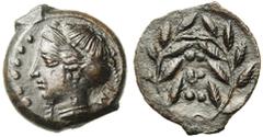 GREEK WORLD SICILE, HIMERA, AE hémilitre, 413-408 av. J.-C. D/ IME T. fém. à g. Devant, six globules. R/ Six globules dans une couronne de laurier. SNG ANS 186; SNG Cop. 320; Calciati 35; Mini, Sicili