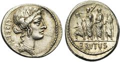 ROMAN REPUBLIC M. Iunius Brutus Q. Caepio, AR denier, 54 av. J.-C., Rome. D/ LIBERTAS T. de Libertas à d., parée de boucles d'oreilles et d'un collier. R/ BRVTVS Le consul L. Iunius Brutus marchant à 