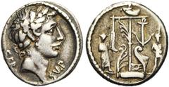 ROMAN REPUBLIC S. Sulpicius Galba, AR denier, 51 av. J.-C., Rome. D/ SER - SVLP T. l. d'Apollon à d. R/ Trophée naval. A d., un prisonnier nu, les mains liées dans le dos. A g., une figure en toge, co