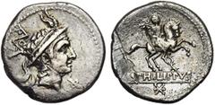 ROMAN REPUBLIC L. Marcius Philippus, AR denier, 113-112 av. J.-C., Rome. D/ T. à d. du roi Philippe V de Macédoine, portant un casque orné de cornes de chèvre. Derrière, monogramme de ROMA. Sous le me