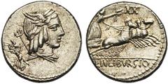 ROMAN REPUBLIC L. Iulius Bursio, AR denier, 85 av. J.-C., Rome. D/ B. masc. à d., avec les attributs d''Apollon, Mercure et Neptune. Derrière, un bige. R/ L· IVLI· BVRSIO Victoire conduisant un quadri