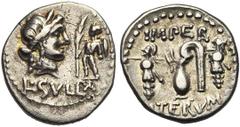 ROMAN REPUBLIC L. Cornelius Sulla, AR denier, 84-83 av. J.-C., atelier itinérant. D/ T. diad. de Vénus à d. A d., petit Cupidon deb. à g., ten. une palme. En dessous, L·SVLLA. R/ Cruche et lituus entr