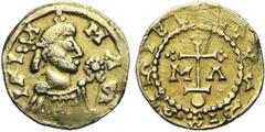 DARK AGES MEROVINGIENS, Sigebert III (634-656), solidus de 20 siliques en électrum, Marseille. D/ MΛS-IΓIΛ B. diad. à d. Devant, un diadème de perles contenant un globule. R/ SIGIBERTVS RIX Croix lati