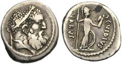 ROMAN REPUBLIC C. Vibius Varus, AR denier, 42 av. J.-C., Rome. D/ T. diad., barbue d''Hercule à d. R/ Minerve deb. à d., ten. une lance et une petite Victoire. Derrière elle, bouclier. Cr. 494/37; Syd