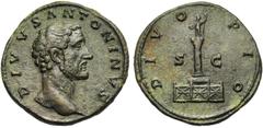 ROMAN COINS COLLECTION : Nerva - Crispine ANTONIN le Pieux divinisé, AE sesterce, 164, Rome. Frappé sous Marc Aurèle. D/ DIVVS- ANTONINVS T. à d. R/ DIVO PIO/ S-C Colonne sur une base, surmontée de la