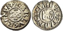 DARK AGES CAROLINGIENS, Charlemagne (768-814), AR denier, 793/794-801, atelier italien (Ravenne ?). Au titre de roi des Francs et des Lombards, et patrice des Romains. D/ + CΛRLVS REX FR Monogramme ca