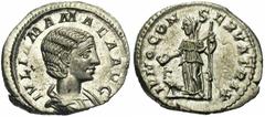 JULIA MAMAEA, mère de Sévère Alexandre, AR denier, 222, Rome. Droit : IVLIA MAMAEA AVG B. drapé à droite. Revers : IVNO CONS-ERVATRIX Junon debout à gauche, tenant un sceptre et une patère. A gauche, 