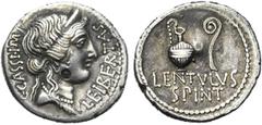ROMAN REPUBLIC C. Cassius et P. Cornelius Lentulus Spinther, AR denier, 43-42 av. J.-C., atelier itinérant. D/ C· CASSI· IMP- LEIBERTAS B. diad. de Libertas à d. R/ Cruche et lituus. Dessous, LENTVLVS