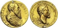 MEDALS : Congo - Turquie ITALIE, AE doré médaille, 1541, Leone Leoni. Andrea Doria (1468-1560). D/ ANDREAS DORIA P P B. cuir. et drapé à d. Derrière l''épaule, un trident. Sous le buste, dauphin. R/ B