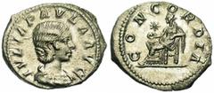 JULIA PAULA, première femme d'Elagabal, AR denier, 219-220, Antioche. Droit : IVLIA PAVLA AVG B. drapé à droite. Revers : CONCORDIA Concordia assise à gauche, tenant une patère, le bras gauche appuyé 
