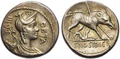 ROMAN REPUBLIC C. Hosidius Geta, AR denier, 68 av. J.-C., Rome. D/ B. de Diane à d., avec arc et carquois sur l''épaule. Devant, GETA. Derrière, III·VIR. R/ C HOSIDI C F Sanglier à d., transpercé par 