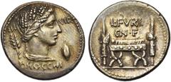ROMAN REPUBLIC L. Furius Brocchus, AR denier, 63 av. J.-C., Rome. D/ III-VIR/ BROCCHI T. de Cérès à d., cour. d''épis de blé. Dans le champ, épi et grain d''orge. R/ L·FVRI/ CN·F Chaise curule entre d